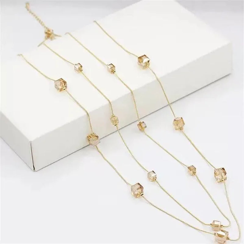 Women's Square Long Chain Sweater Necklace Fashion Double Long Tassel Necklace