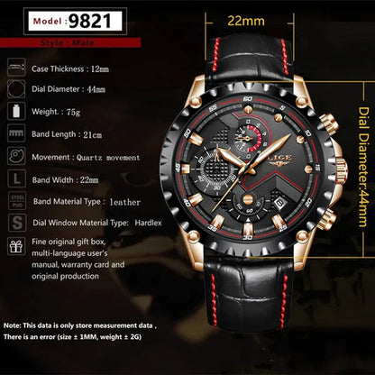 LIGE Mens Watches Top Brand Luxury Quartz Gold Watch Men Casual Leather Military Waterproof Sport Wrist Watch Male Fashion Clock