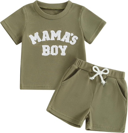 Toddler Baby Boy Summer Clothes Embroiderey Waffle Knit Short Sleeve T-Shirt Tees + Casual Shorts Cute Clothing Set