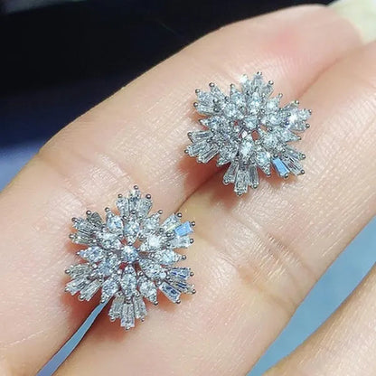 Trendy Silver Plated Micro Pave Crystal Lab Diamond Snowflake Flower Stud Earrings for Women Engagement Wedding Jewelry Gift