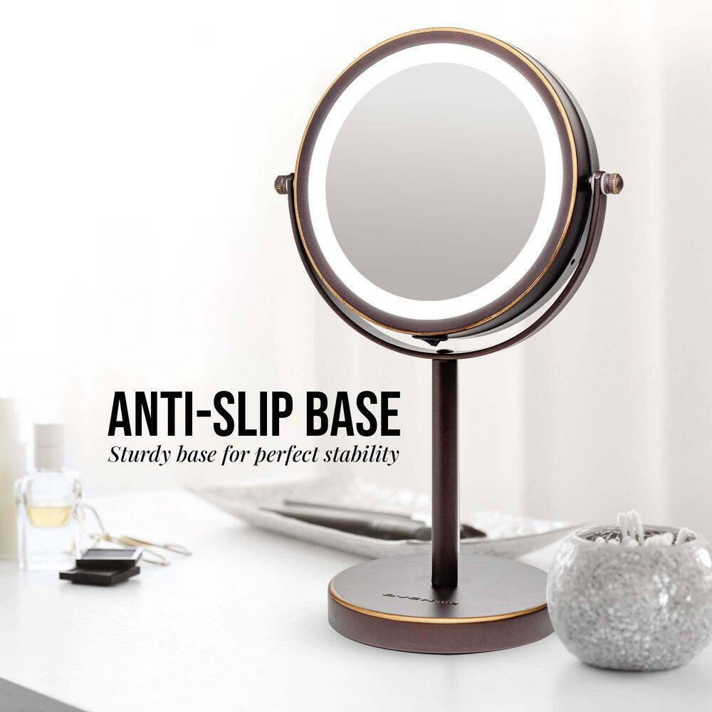 Small Antique Bronze Lighted Tabletop Makeup Mirror (11.6 In. H X 7.1 In. W), 1X-7X Magnification