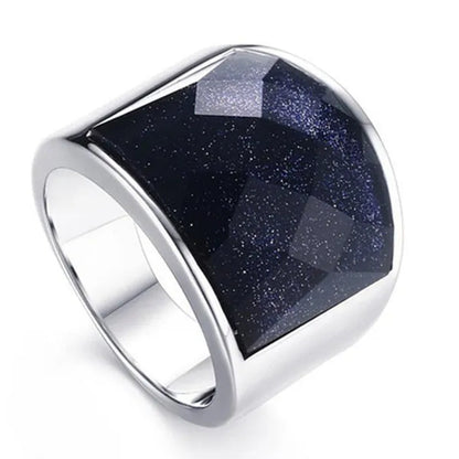 Men's Fashion Jewelry High Polished Silver Titanium Steel Ring With Blue Gravel (Blue Sandstone) Mens Wedding Band Fine Rings