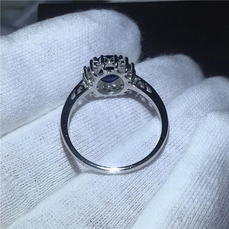 Royal Jewelry Princess Diana Soild silver color ring Sapphire cz diamond Engagement wedding band rings for women Bridal Size 5-11 Bague Femme