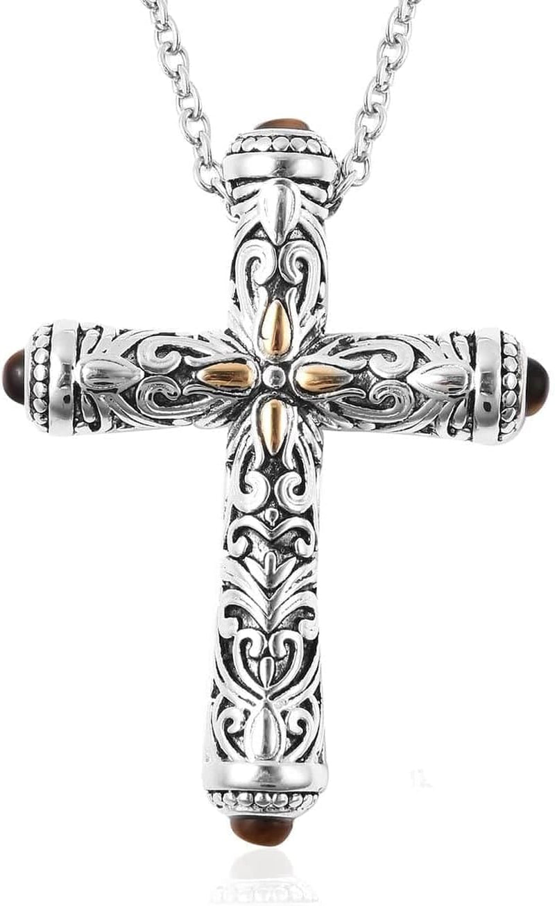 Stainless Steel Celtic Cross Necklace for Women Men Yellow Gold ION Plated Tigers Eye Stone Christian Jewelry Religious Prayer Gifts for Women Chain Size 20" Birthday Gifts