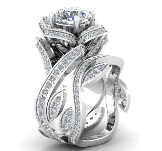 925 Sterling Silver Flower Leaf Round Cut Clear CZ Diamond 4.50CT Wedding Bridal Ring