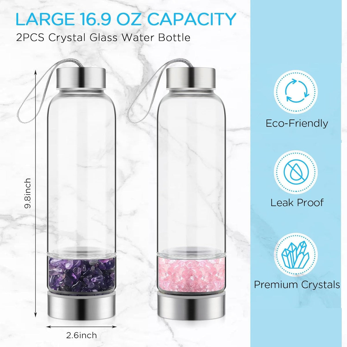 2 Pieces Crystal Glass Water Bottle with Gemstone Center Natural Amethyst and Rose Quartz Clear Water Bottle Quartz Crystal Cup Energy Cup for Healing and Wellness
