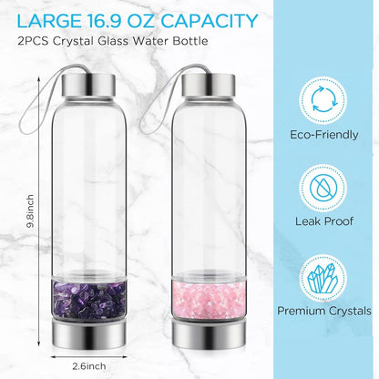 2 Pieces Crystal Glass Water Bottle with Gemstone Center Natural Amethyst and Rose Quartz Clear Water Bottle Quartz Crystal Cup Energy Cup for Healing and Wellness