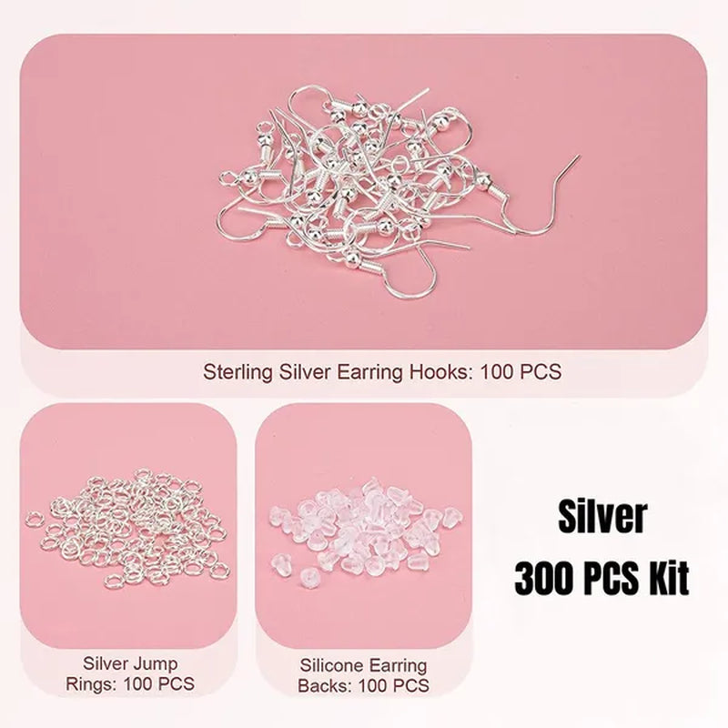 925 Sterling Silver Earring Hooks, 300PCS Earring Hooks Kit - 100PCS Hypoallergenic Earring Hooks for Jewelry Making with 100PCS Open Jump Rings and 100PCS Rubber Earring Backs