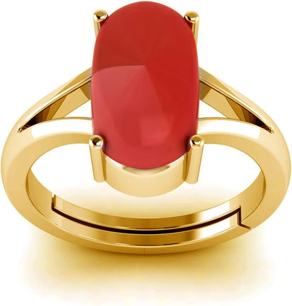 Natural Red Coral Moonga Certified Jewelry Gifts Ring 8.20 Carat Astrological Birthstone 22K Gold Plated Adjustable Ring for Men or Women