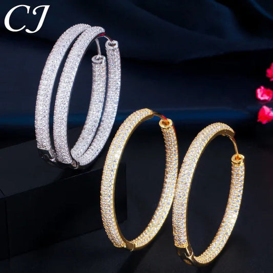 CANDICE European American Fashionable Large Hoop Earing Full Micro Shining AAA CZ Zirconia Silvery Golden Women Earrings Jewelry