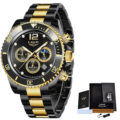 LIGE Luxury Elegant Stainless Steel Quartz Watches 3 ATM Waterproof Mens Wristwatch
