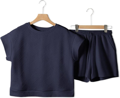 Women'S 2 Piece Outfits Sweatsuit Casual Short Sleeve Pullover Tops and Drawstring Shorts Pants Lounge Sets