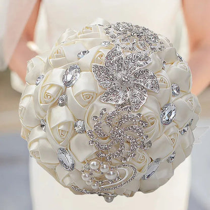 18CM Simulation Silk Rose Wedding Flowers Bouquet Diamond Brooch Bridal Bouquet Creative DIY Bridesmaid Holding Flowers Wedding Party Valentine's Day Gift
