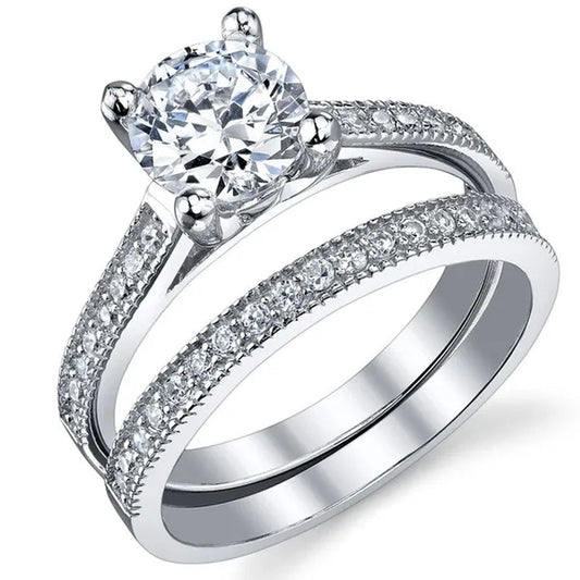1.25 Carat Round Brilliant CZ Sterling Silver 925 Wedding Engagement Ring Band Set