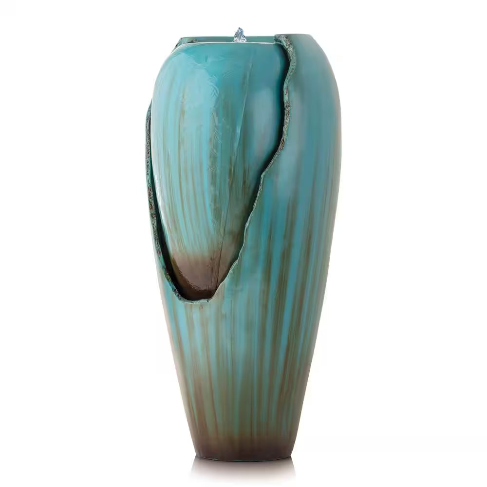 33 In. Tall Water Jar Fountain with LED Light, Turquoise