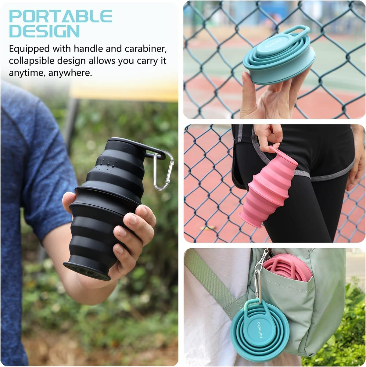 Collapsible Water Bottle,17Oz(500Ml) Reuseable BPA Free Silicone Foldable Water Bottles for Travel Gym Camping Hiking, Portable Leak Proof Sports Water Bottle with Carabiner