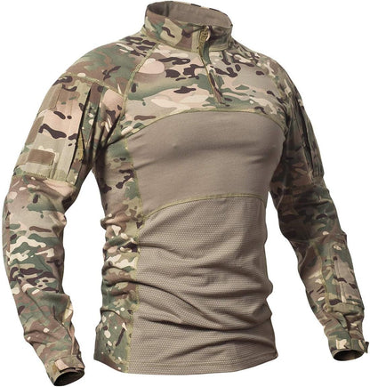 Men'S Tactical Military Combat Shirt Long Sleeve Cotton Camo T Shirt with Zipper