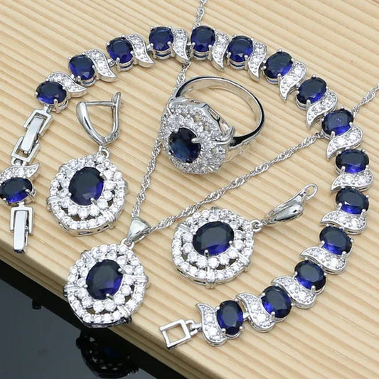 Oval 925 Silver Party Jewelry Sets blue sapphire White CZ Earrings Pendant Necklace Rings Bracelet Gift For Women