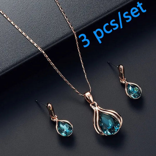 3 Pcs/set Elegant Luxury Design Wedding Earrings Rose Gold Necklace Earrings Crystal Pendant Set Jewelry Set