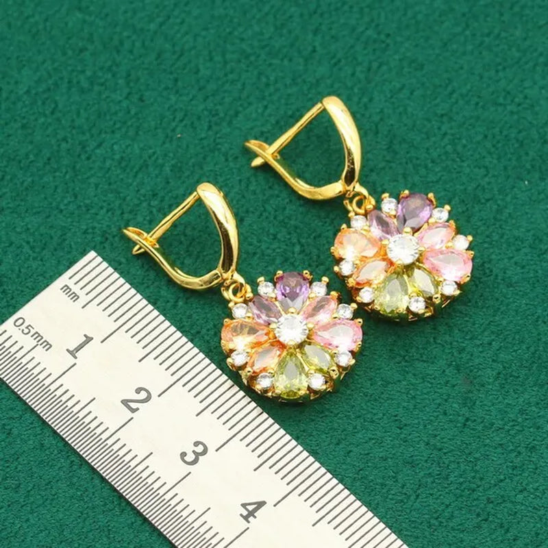Classic Gold Color Jewelry Sets for Women Wedding Multi Color Zircon Bracelet Earrings Necklace Pendant Ring 4PCS
