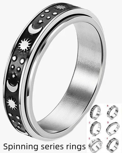 Couple Rings Rotatable Fidget Rings Stainless Steel Sun Moon Star Dot Waves Cat Pattern Spinner Ring Jewelry Gift for Women Men Boyfriend Girlfriend