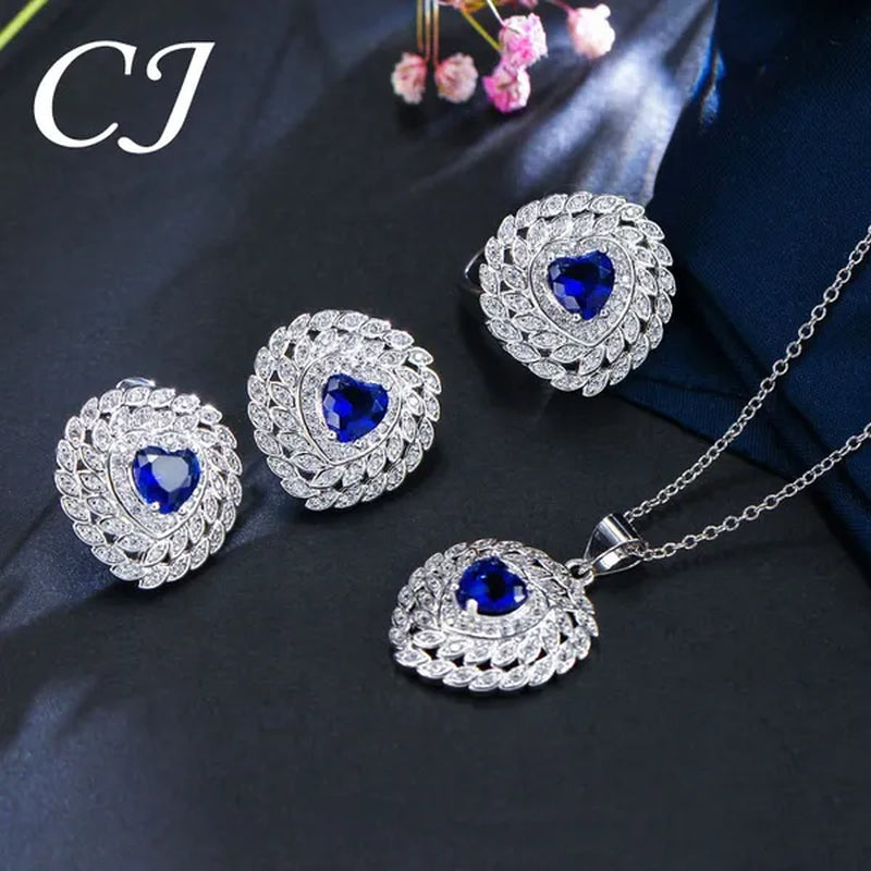 CANDICE 3pcs Love Jewelry Set Micro White CZ Pave Heart Red Crystal Romantic Party Necklace Earrings Ring Sterling Silver Plated Sets for Women Girl Gifts