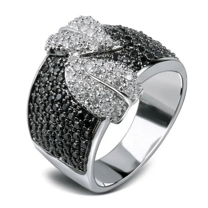 Ladies White and Black Sapphire 925 Sterling Silver Cocktail Women Wedding Leaf Ring Gifts