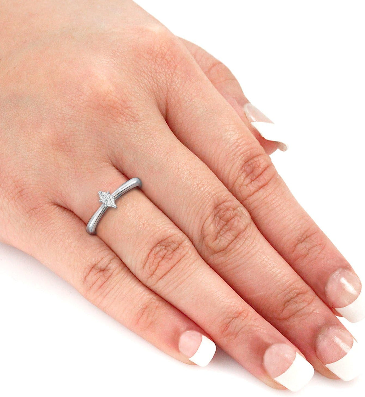18K White Gold Marquise Diamond Ring V-End Prong (1/4 Cttw, H-I Color, I1-I2 Clarity), Size 4-9