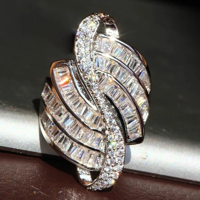 Gorgeous  Silver Natural Gemstones White Sapphire Ring Wedding Birthstone Bride Engagement Multilevel Square Crossing Brand Flower Ring Jewelry Size 6 7 8 9 10