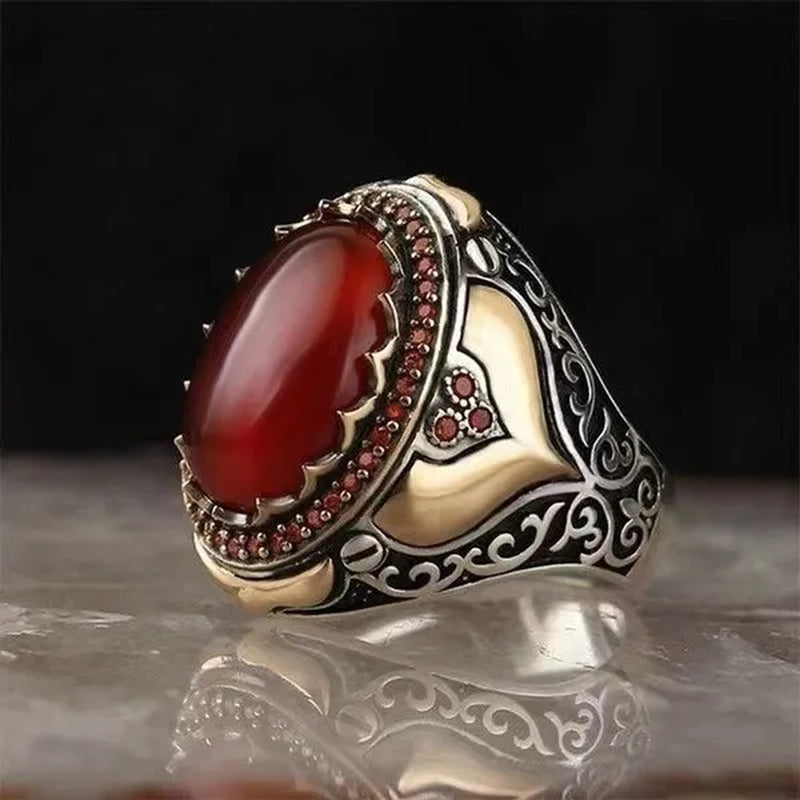 New Retro Two Tone 925 Silver Carved Ruby Inlaid Ring Big Gem Luxury Mens Party Charm Jewelry High Quality Gift