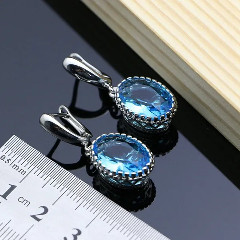 Silver 925 Jewelry Set Sky Blue Sapphire Charm for Women Stones Simple Earrings Rings Bracelet Necklace Set