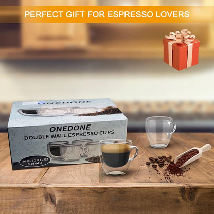 Espresso Cups 2.8 OZ - Double Walled Glass Espresso Cups Set of 4, Thermo Insulated Shot Glasses with Handle