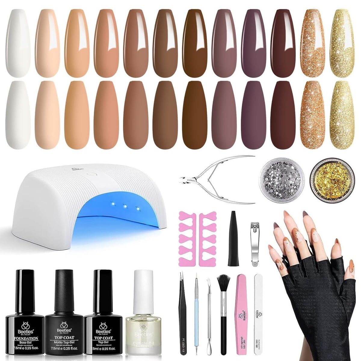 Beetles 23Pcs Gel Nail Polish Kit with Glossy Matte Top Coat and Base Coat Girls Night Collection White Nude Gray Glitters Gel Nail Polish Set U V Soak Off Holiday Manicure for Women Girls