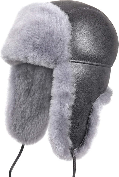 Leather Aviator Shearling Ushanka Trapper Hat Russian Sheepskin Cap Real Fur Winter Hat with Ear Flaps for Men Women