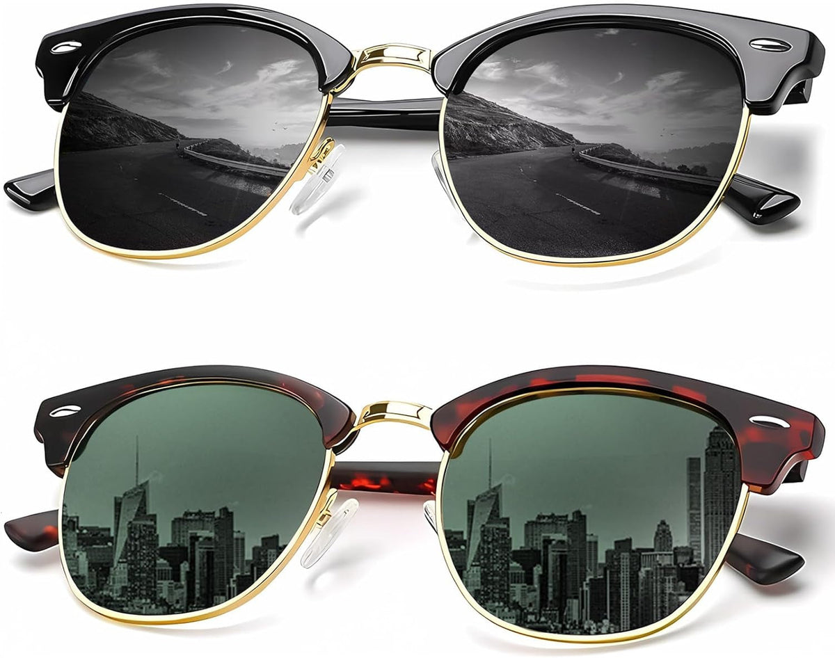 Sunglasses Men Polarized Sunglasses for Men Women Unisex Semi-Rimless Frame Retro Driving Sun Glasses UV Blocking