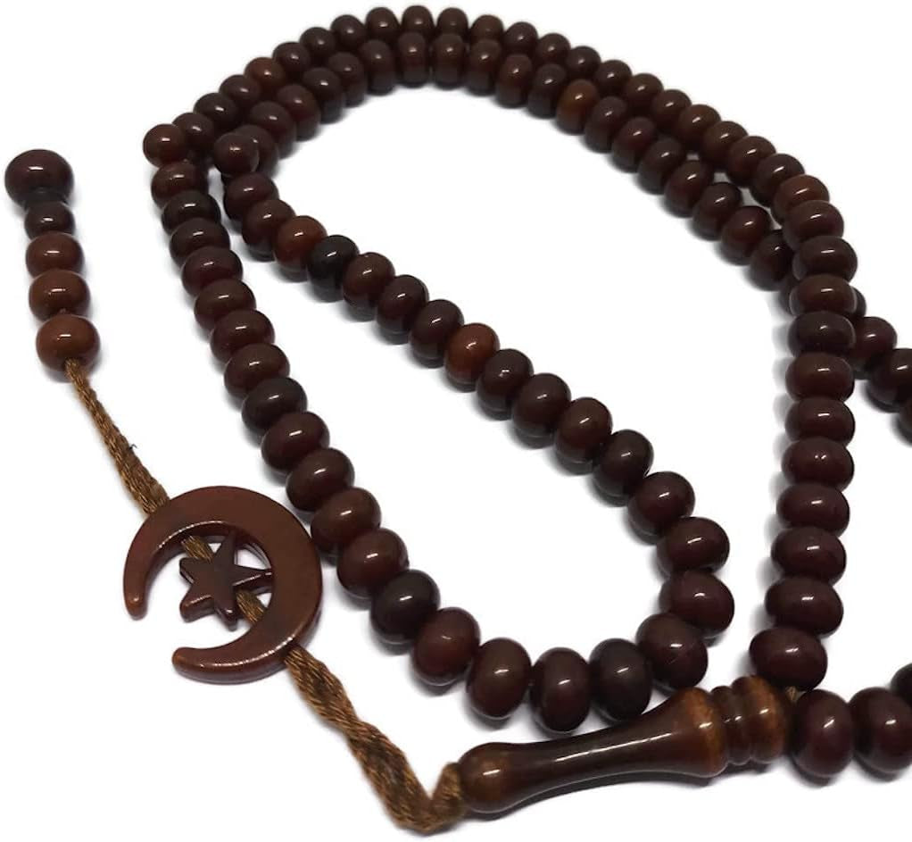 Islam Prayer Tasbih 99 Beads AMN-303 Muslim 8 Mm. Rosary Bead Moon Star Decorated Tassels Haj Eid Ramadan Gift (Brown)
