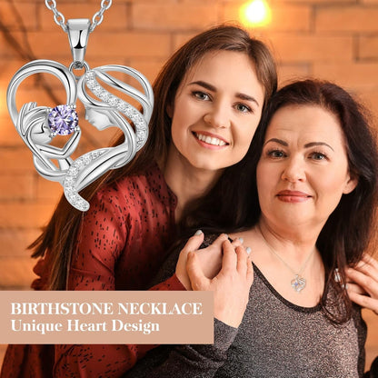 Gift for Mom, Mother and Child Love Heart Pendant Necklace, Mothers Day Gifts for Mom Women 925 Sterling Silver Necklace with Birthstone Necklaces for Mother'S Day Valentines Anniversary Christmas Birthday Gifts for Wife from Husband