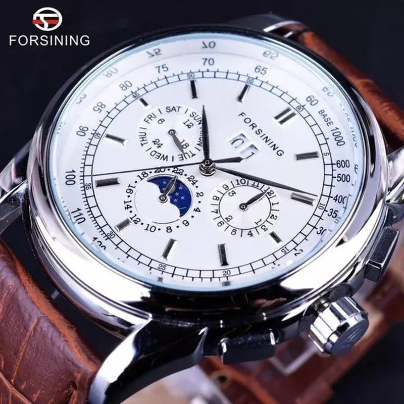 Forsining Moon Phase Shanghai Movement Rose Gold Case Brown Bracelet En Cuir Véritable Montres Pour Hommes Top Brand Luxury Auotmatic Watch with Gift Box