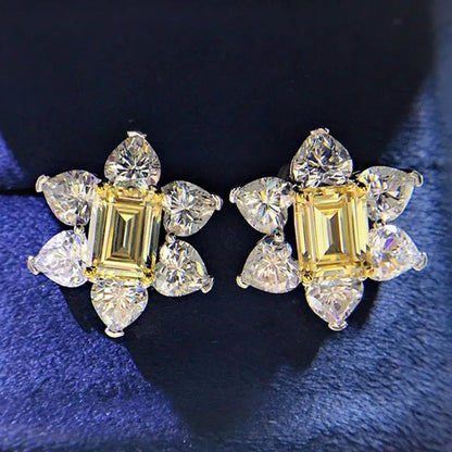 Trendy 925 Sterling Silver Citrine Gemstone White Sapphire Flower Stud Earrings for Women Bridal Wedding Fine Jewelry Gift