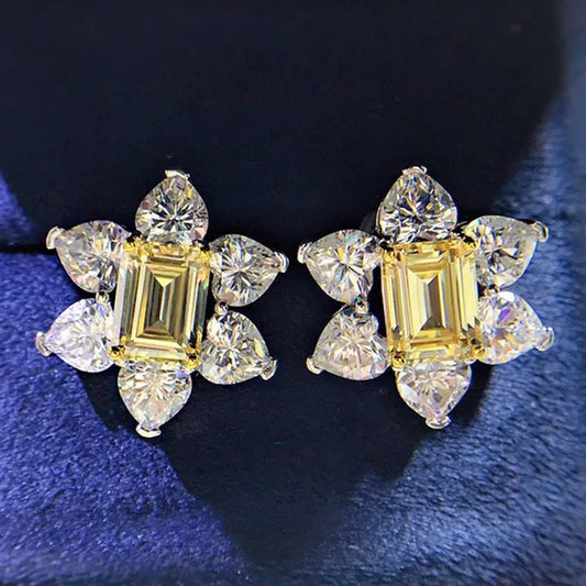 Trendy 925 Sterling Silver Citrine Gemstone White Sapphire Flower Stud Earrings for Women Bridal Wedding Fine Jewelry Gift