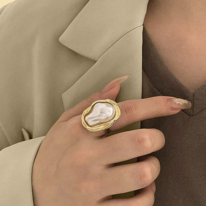 Baroque Pearl Ring for Women 14K Gold Adjustable Irregular Pearl Rings for Woman Trendy Stacking Irregular Pearl Finger Ring for Wedding Party