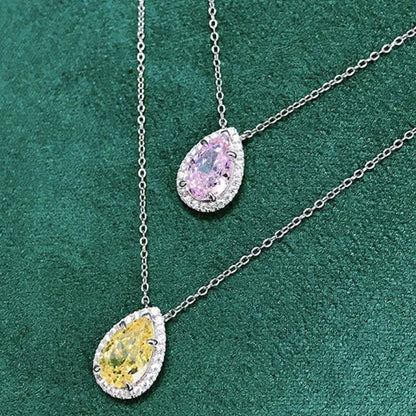 Bridal Wedding Necklace Jewelry 4 Claw Setting Waterdrop Cut Citrine Pink Gemstone Side Stone Lab Diamond Silver Plated Necklace for Women