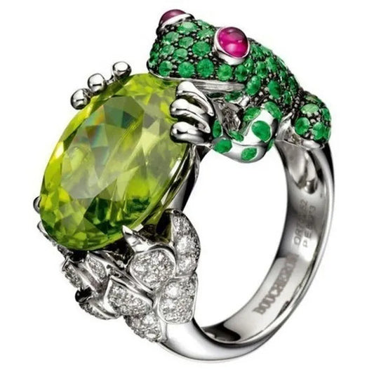 The Frog Ring 925 Sterling Silver Ring Oval Cut 6.34CT Peridot Rich Frog Wealth Ruby Eye Tsavorite Rings Wedding Ring for Women Fashion