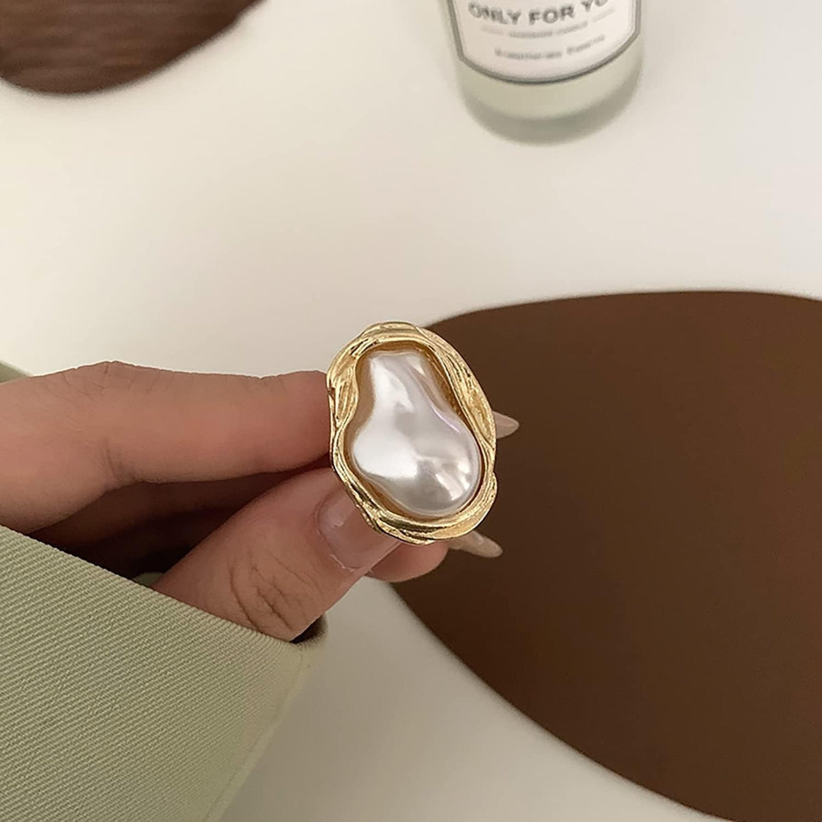Baroque 18K Gold Pearl Statement Ring - Adjustable Chunky Pearl Wedding Jewelry for Women