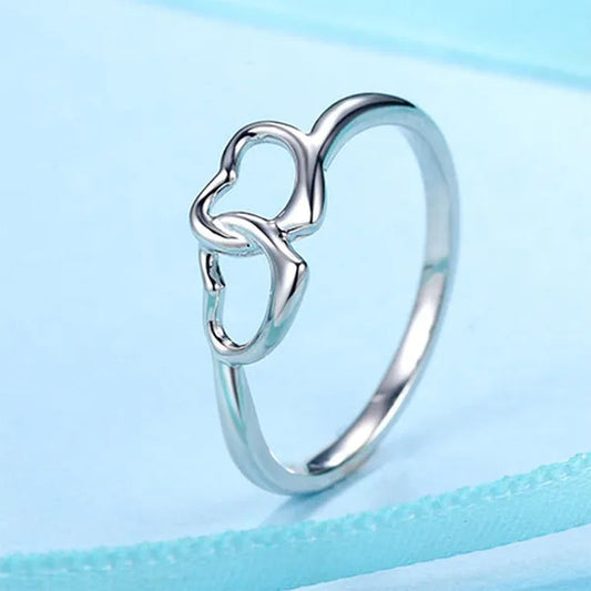 Cute Simple Double Heart Shaped Ring Elegant 925 Sterling Silver Rings Gifts for Women Girl