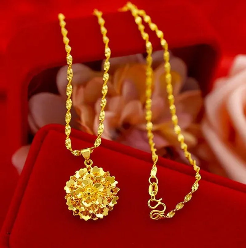 Women Wedding Jewelry Real 18 K Gold Flower Design Pendant Chain Necklace 16-30 Inch （Water Wave Chain）