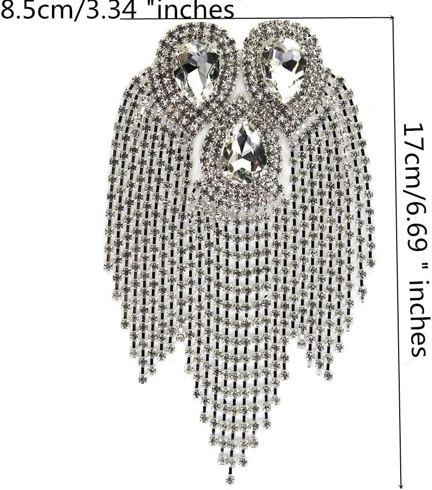 2 Pieces Beaded Diamond Waterdrop Design Patches Crystal Fringe Tassel Rhinestones Shoulder Badges Brooches
