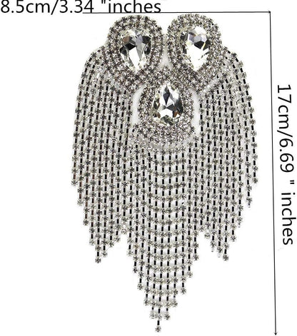 2 Pieces Beaded Diamond Waterdrop Design Patches Crystal Fringe Tassel Rhinestones Shoulder Badges Brooches