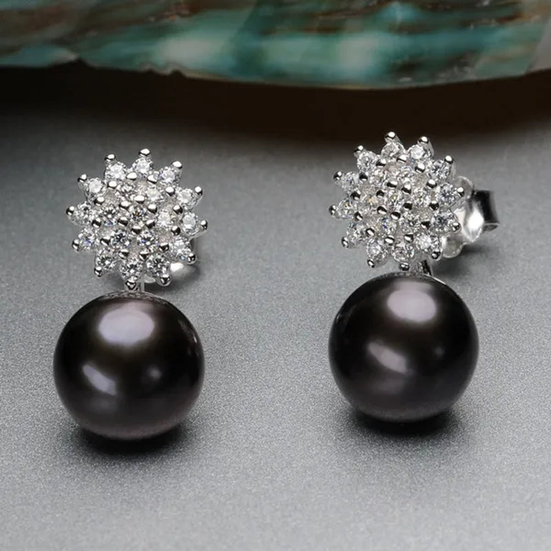 Real 925 Sterling Silver 7-8mm Black Freshwater Pearl Stud Earring Women Fashion Jewelry FEIGE