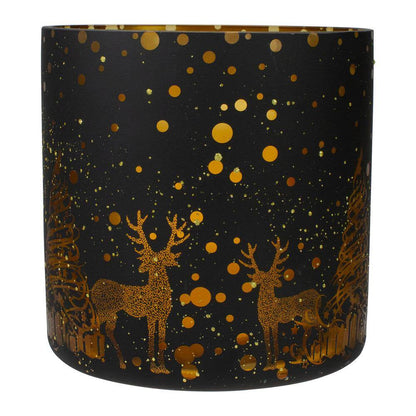 6 In. Black and Gold Deer and Pine Trees Flameless Glass Candle Holder